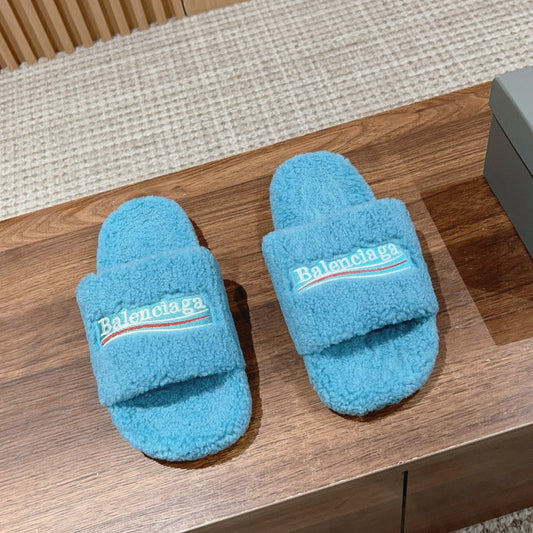 Balanciaga FURRY SLIDES IN SKY BLUE CURLY SHEARLING