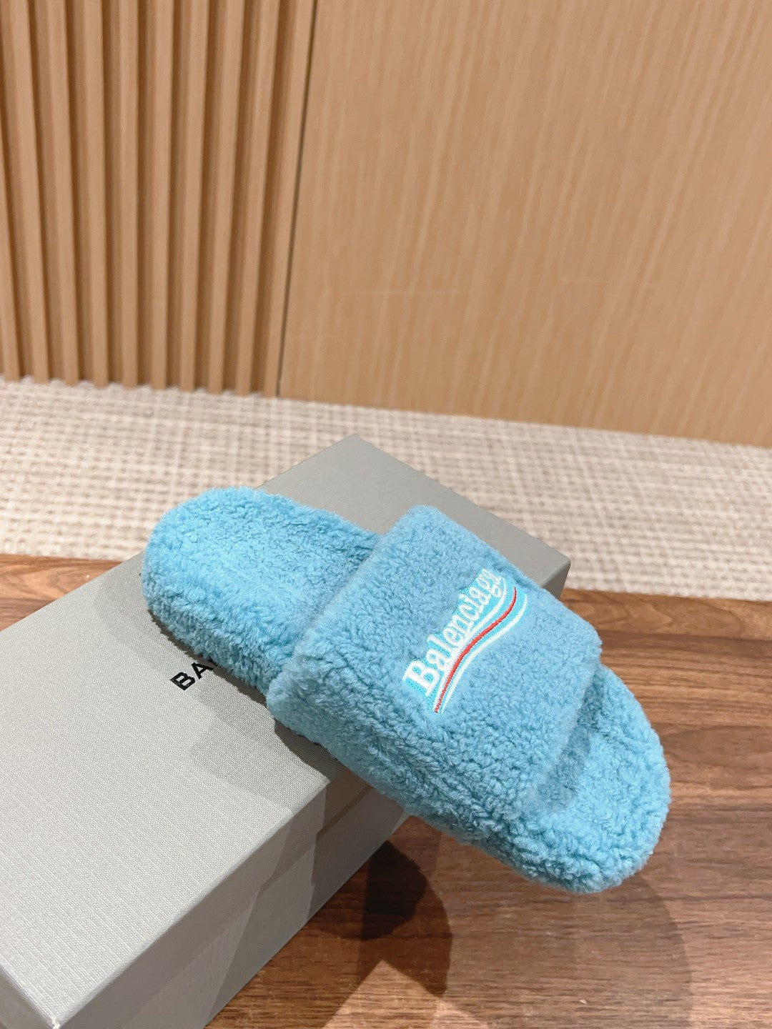 Balanciaga FURRY SLIDES IN SKY BLUE CURLY SHEARLING