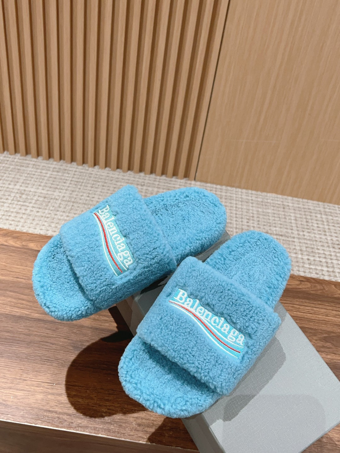 Balanciaga FURRY SLIDES IN SKY BLUE CURLY SHEARLING
