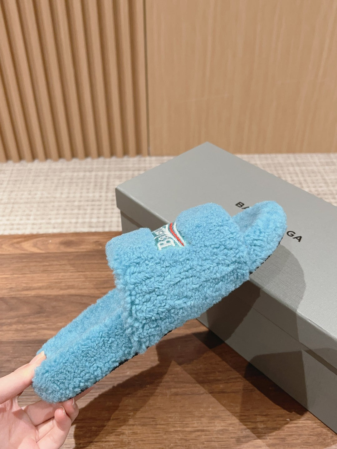 Balanciaga FURRY SLIDES IN SKY BLUE CURLY SHEARLING