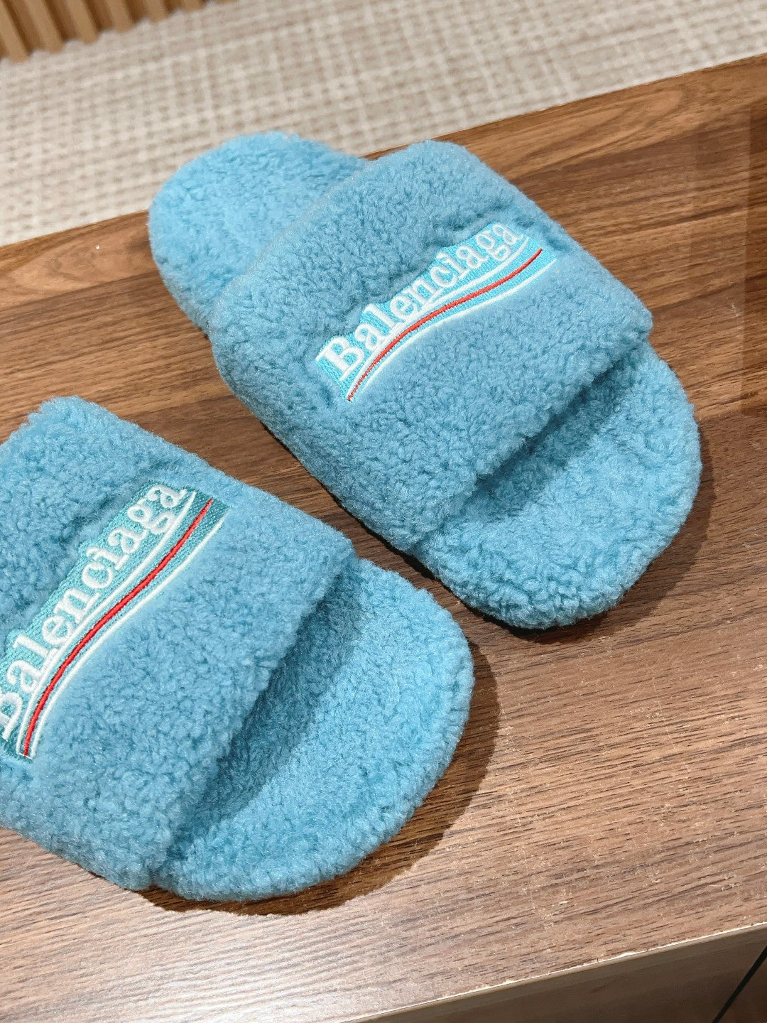 Balanciaga FURRY SLIDES IN SKY BLUE CURLY SHEARLING