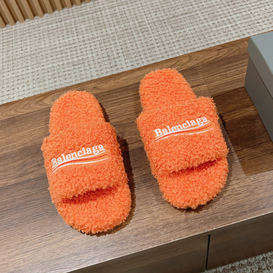Balanciaga FURRY SLIDES IN ORANGE CURLY SHEARLING