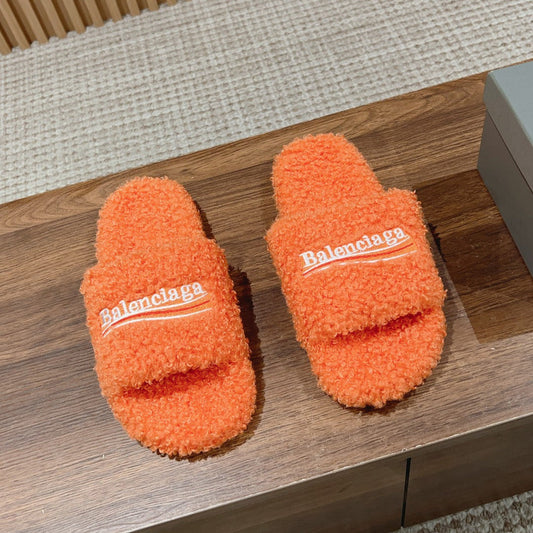 Balanciaga FURRY SLIDES IN ORANGE CURLY SHEARLING