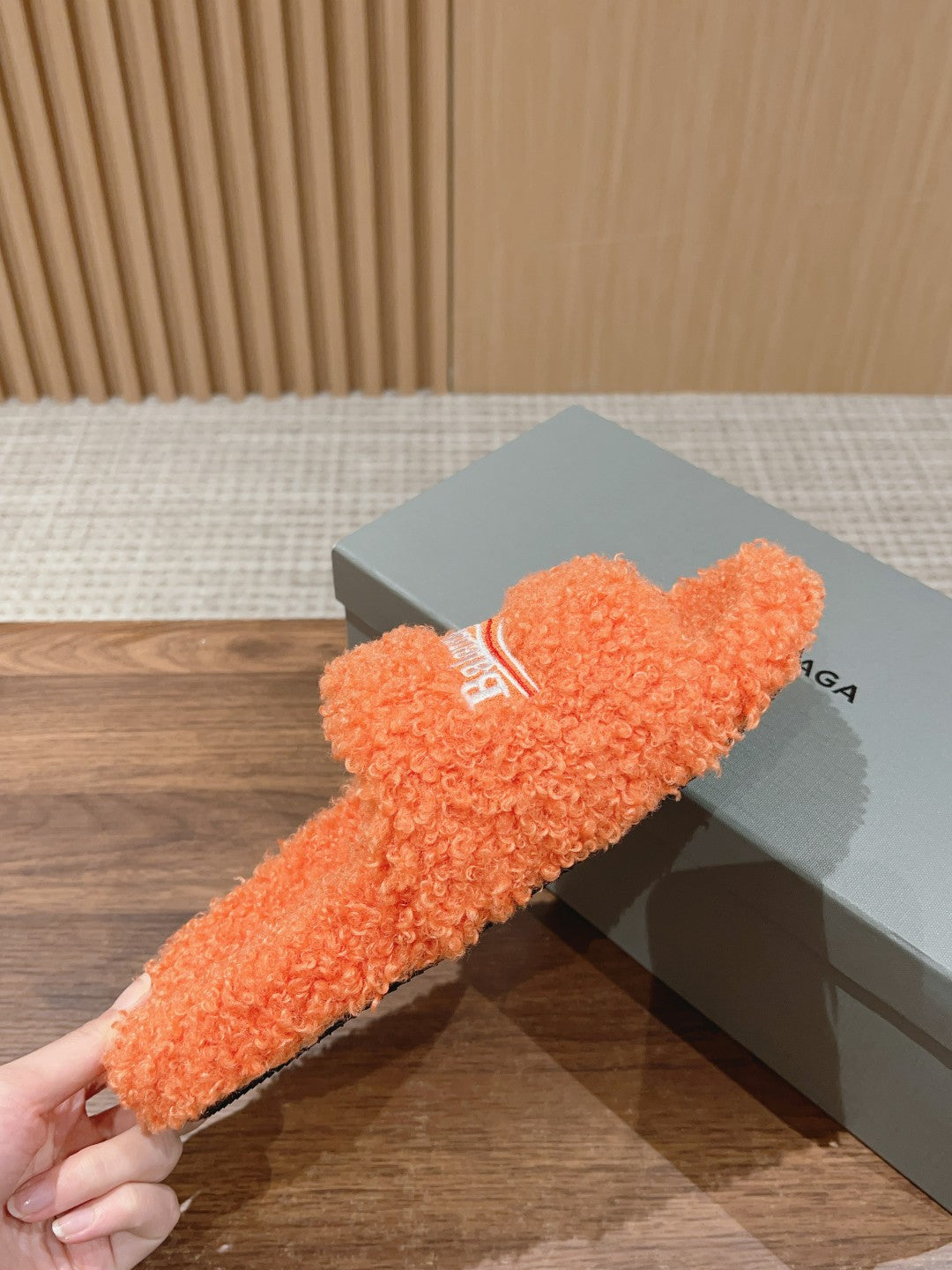 Balanciaga FURRY SLIDES IN ORANGE CURLY SHEARLING