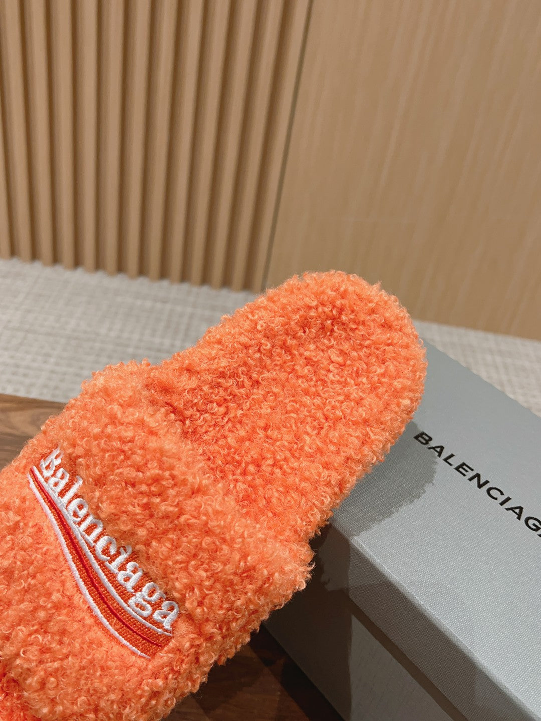 Balanciaga FURRY SLIDES IN ORANGE CURLY SHEARLING