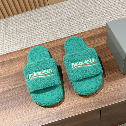 Balanciaga FURRY SLIDES IN TURQUOISE CURLY SHEARLING