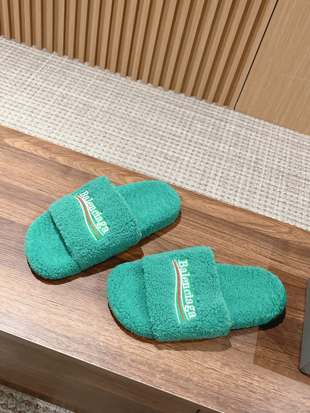 Balanciaga FURRY SLIDES IN TURQUOISE CURLY SHEARLING