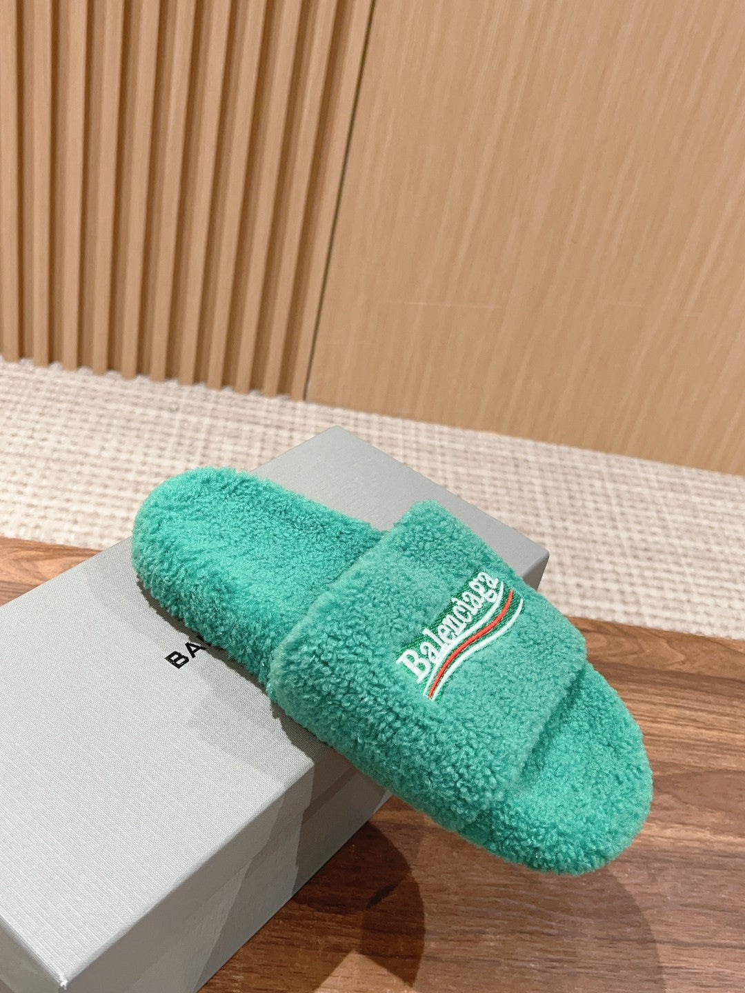 Balanciaga FURRY SLIDES IN TURQUOISE CURLY SHEARLING