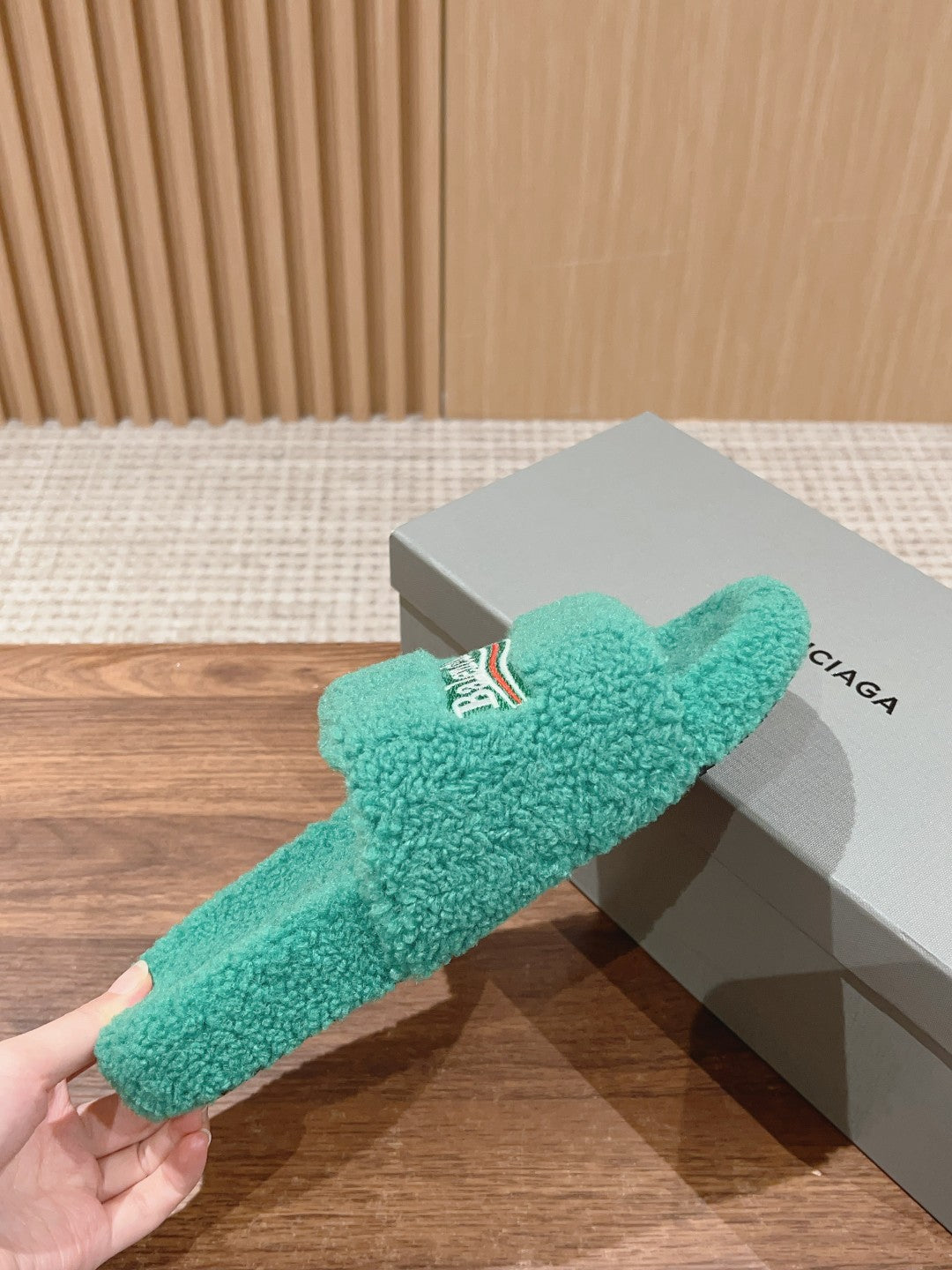 Balanciaga FURRY SLIDES IN TURQUOISE CURLY SHEARLING