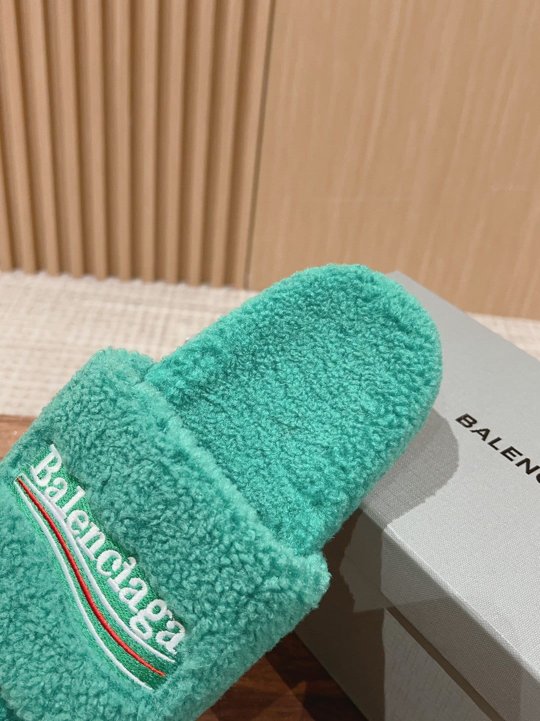 Balanciaga FURRY SLIDES IN TURQUOISE CURLY SHEARLING