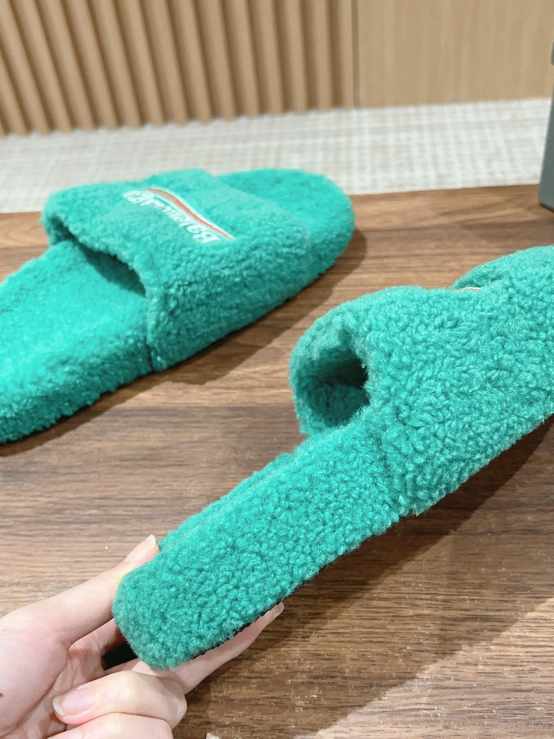 Balanciaga FURRY SLIDES IN TURQUOISE CURLY SHEARLING