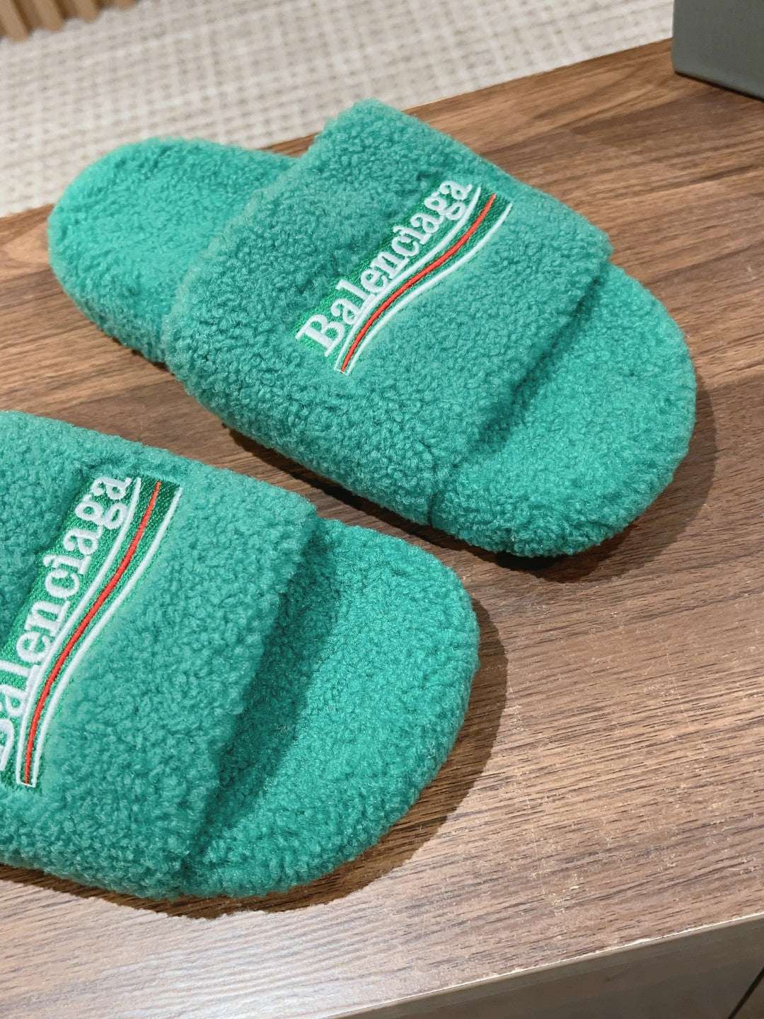 Balanciaga FURRY SLIDES IN TURQUOISE CURLY SHEARLING