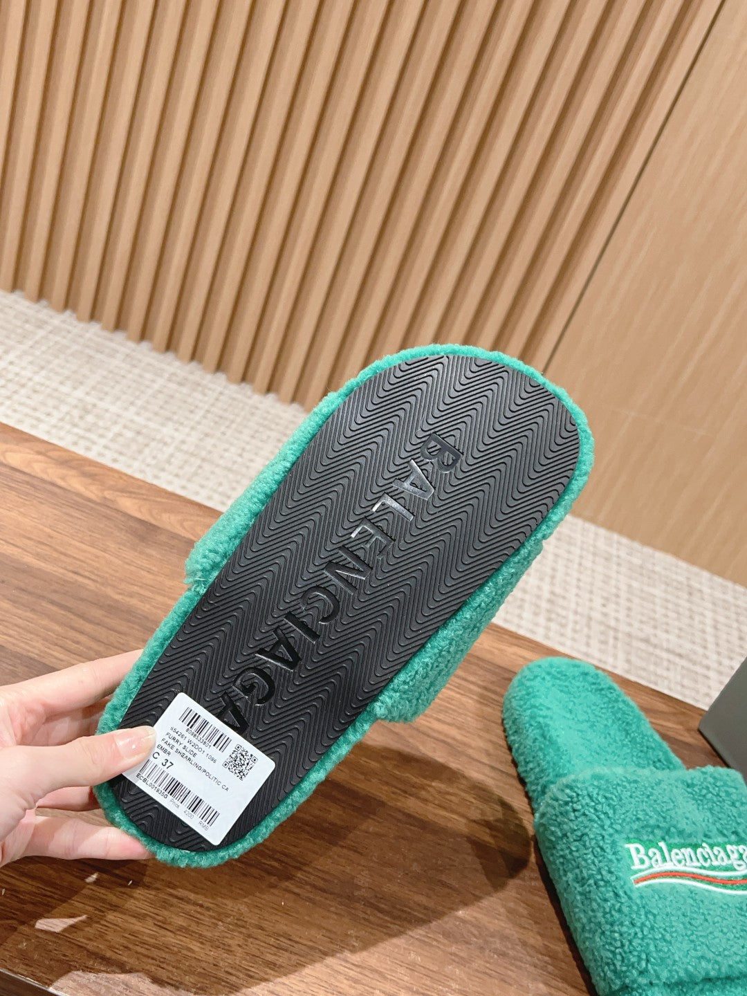 Balanciaga FURRY SLIDES IN TURQUOISE CURLY SHEARLING