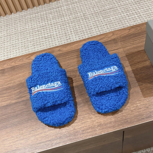 Balanciaga FURRY SLIDES IN COBALT BLUE CURLY SHEARLING