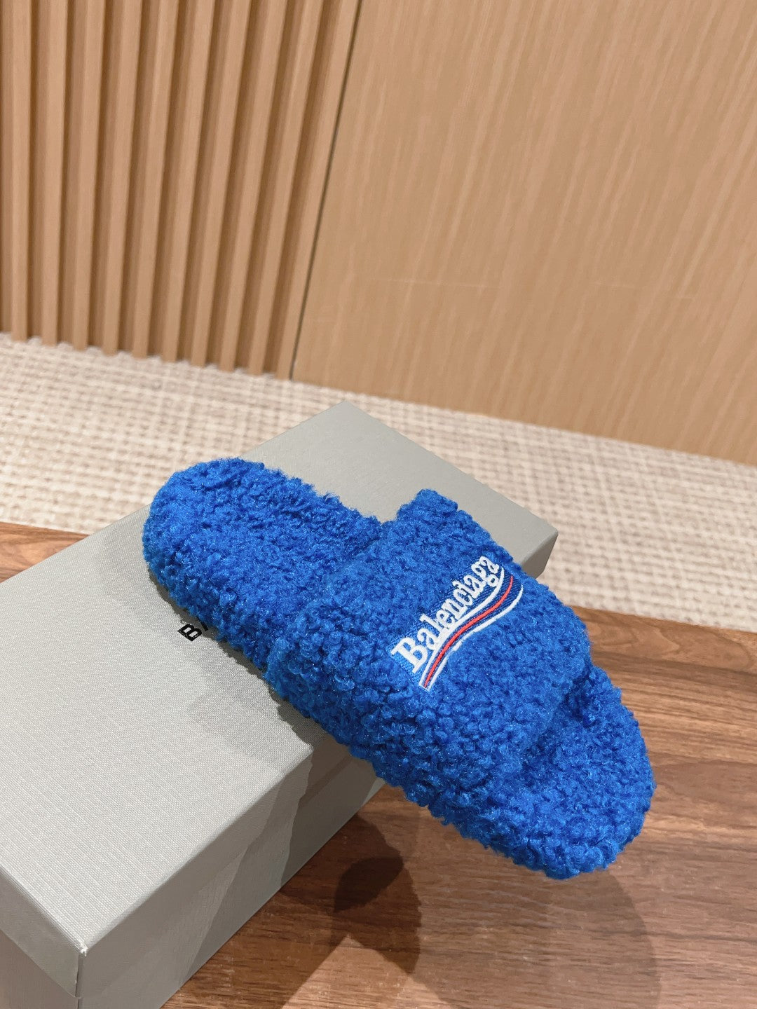 Balanciaga FURRY SLIDES IN COBALT BLUE CURLY SHEARLING
