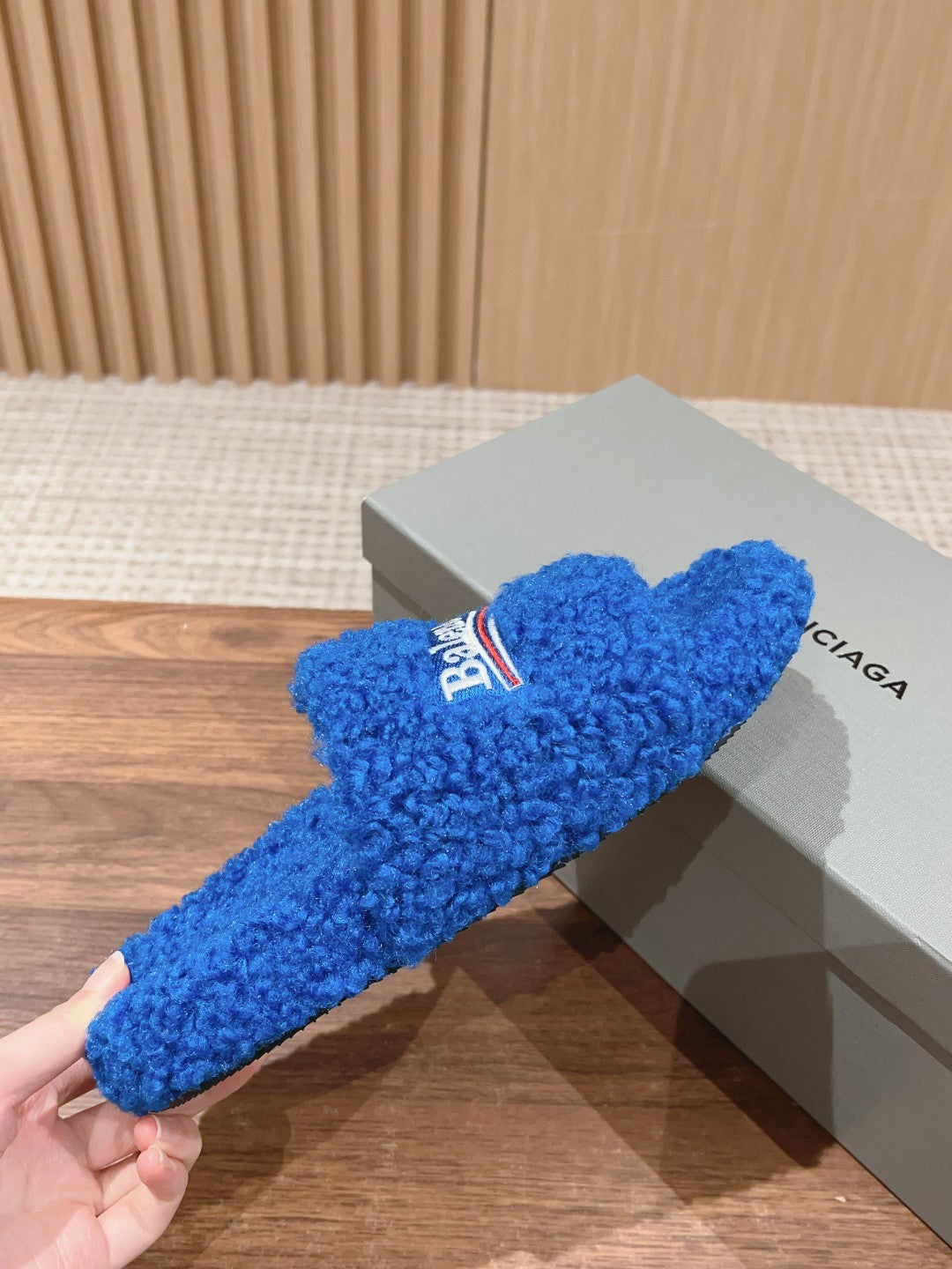 Balanciaga FURRY SLIDES IN COBALT BLUE CURLY SHEARLING