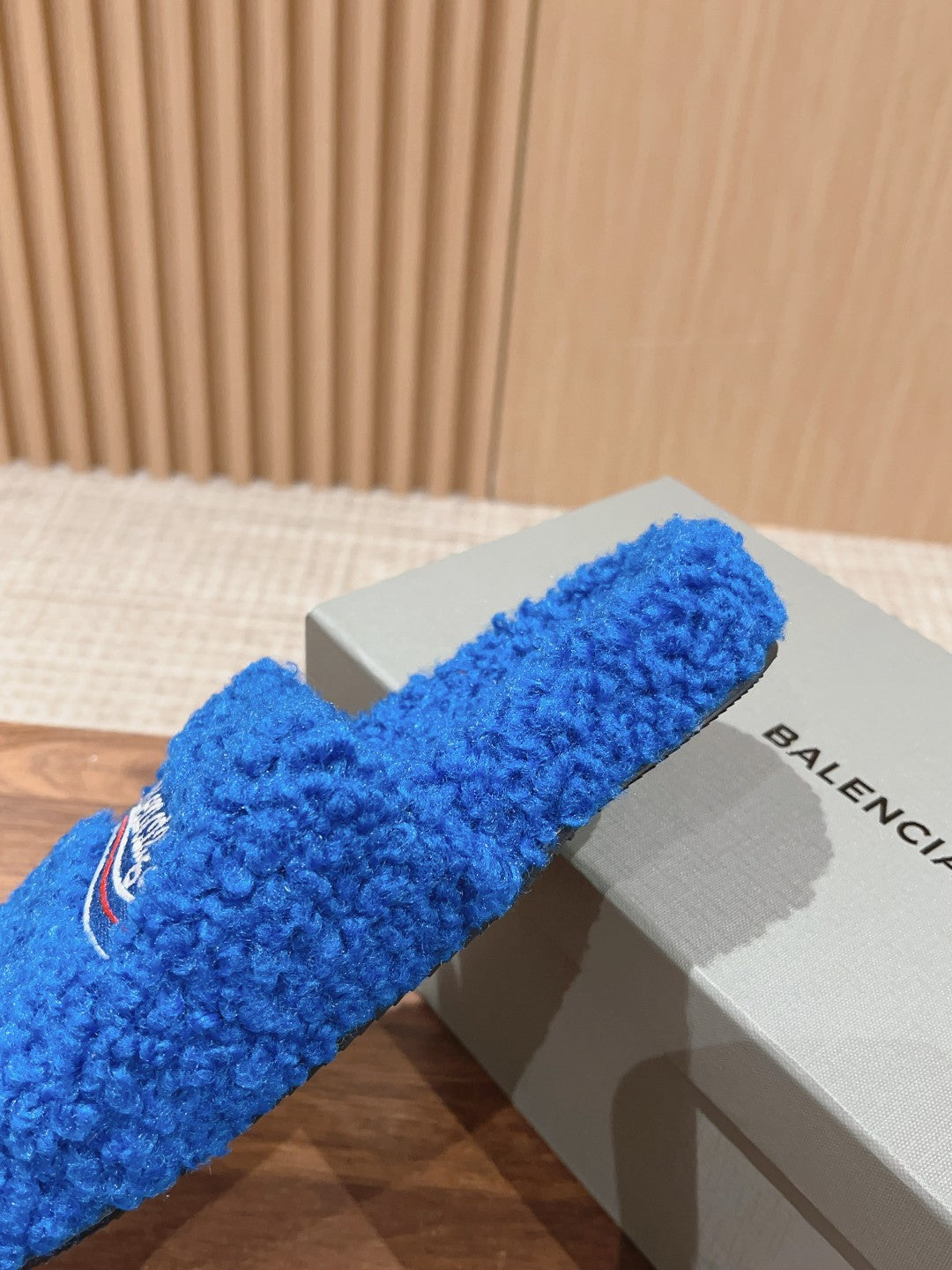 Balanciaga FURRY SLIDES IN COBALT BLUE CURLY SHEARLING