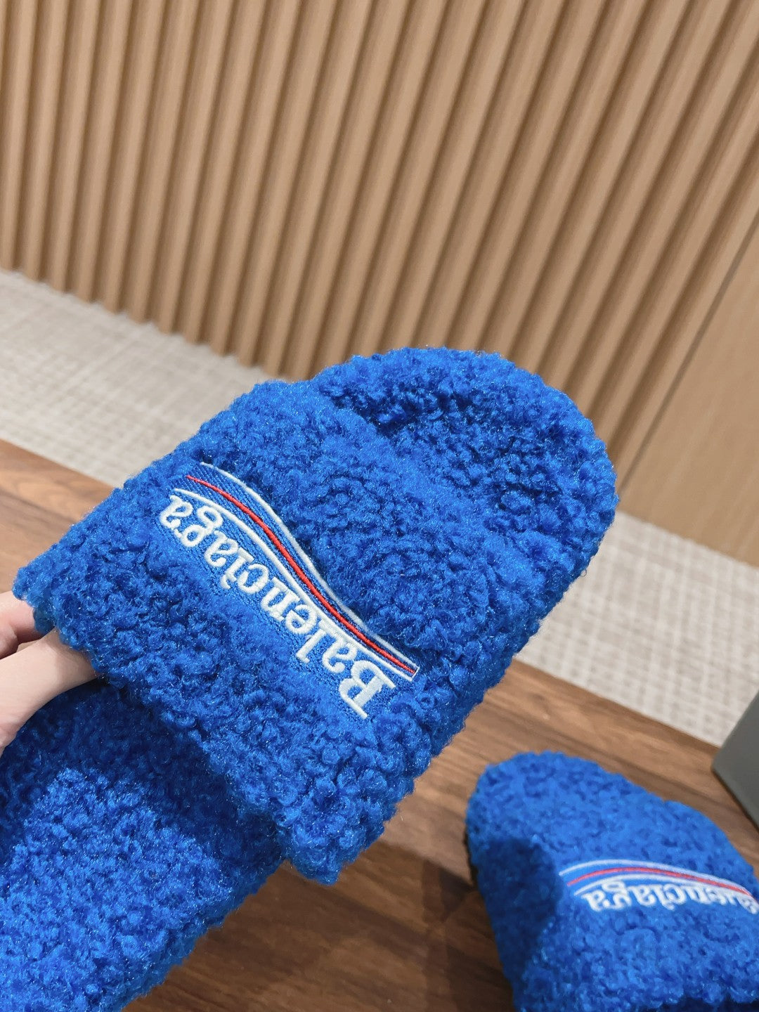 Balanciaga FURRY SLIDES IN COBALT BLUE CURLY SHEARLING