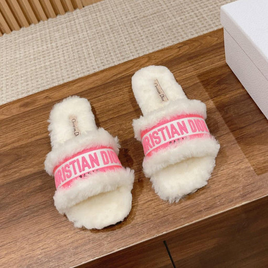 DIOR Dway Slide White Pink Fleece Lining And Canvas Fabric
