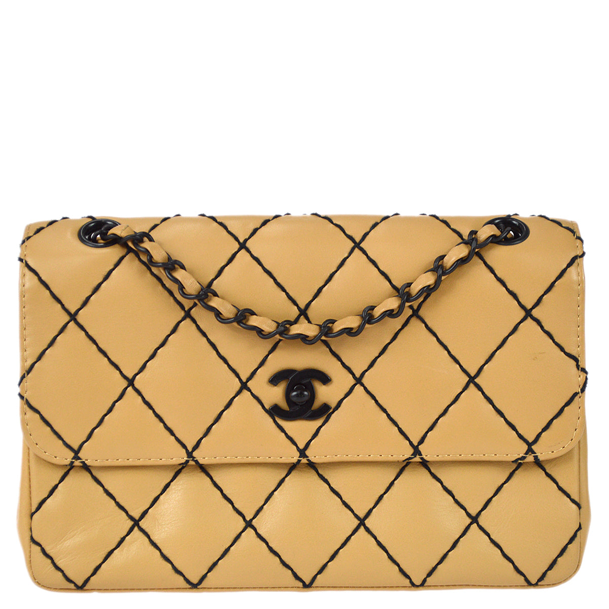 Chanel Wild Stitch Straight Flap Chain Shoulder Bag Beige Calfskin