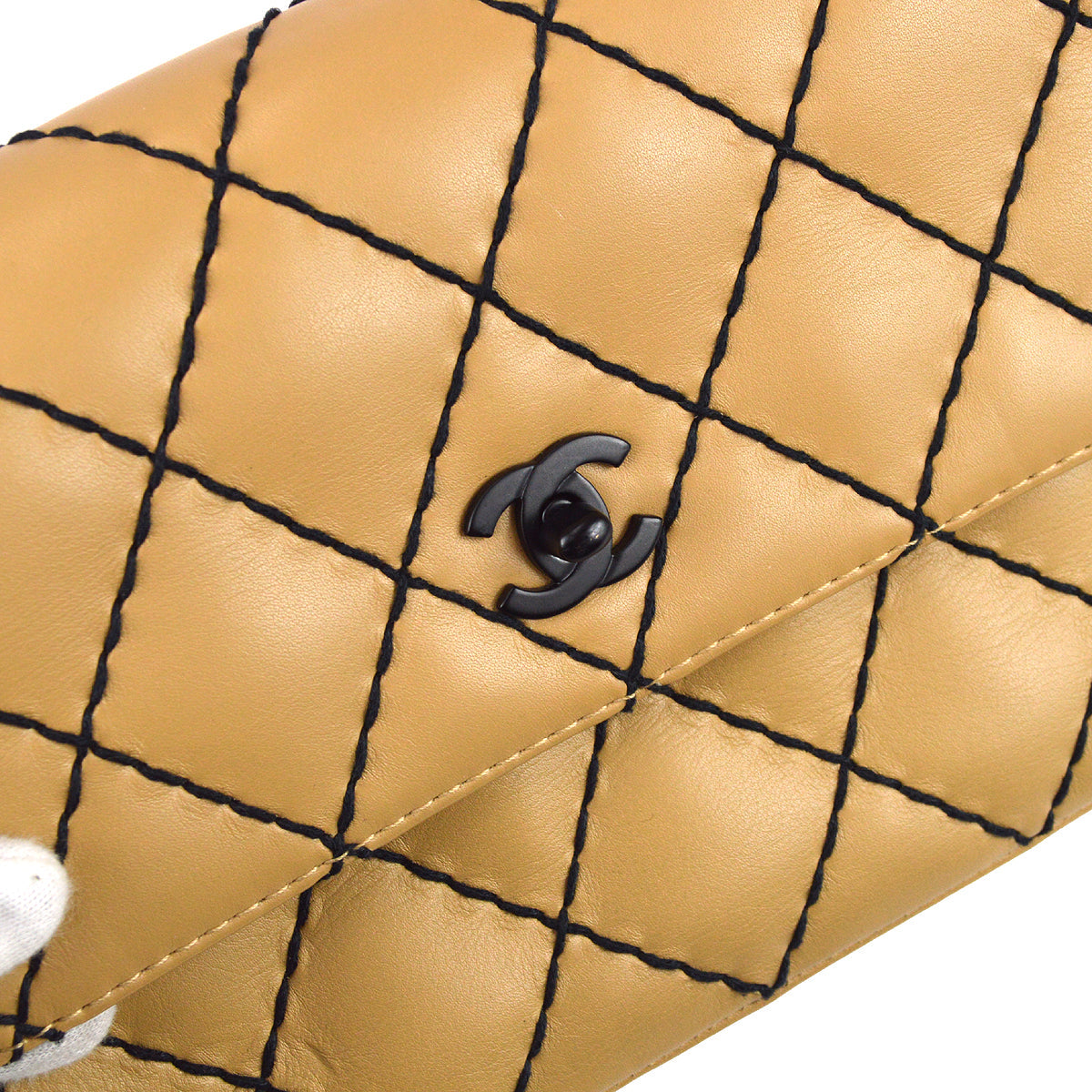 Chanel Wild Stitch Straight Flap Chain Shoulder Bag Beige Calfskin