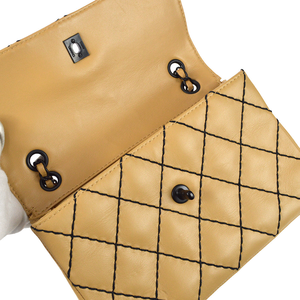 Chanel Wild Stitch Straight Flap Chain Shoulder Bag Beige Calfskin