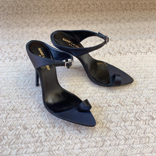 Saint Laurent GAP CRYSTAL-BUCKLE SLIDE SANDALS IN BLACK SILK