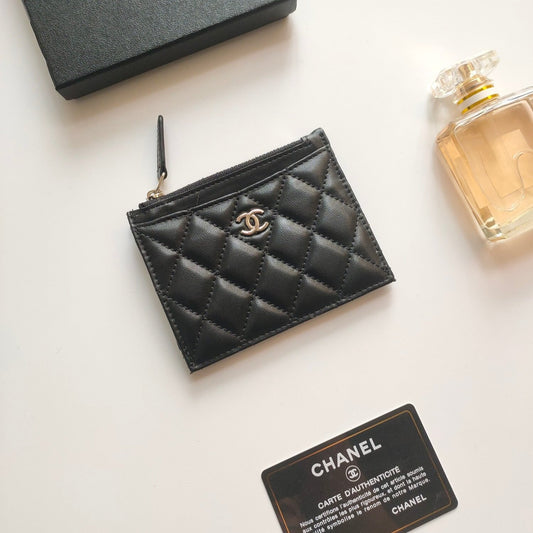 CHANEL ZIPPED CARD HOLDER 11.5 BLACK CALFSKIN GOLD ICON