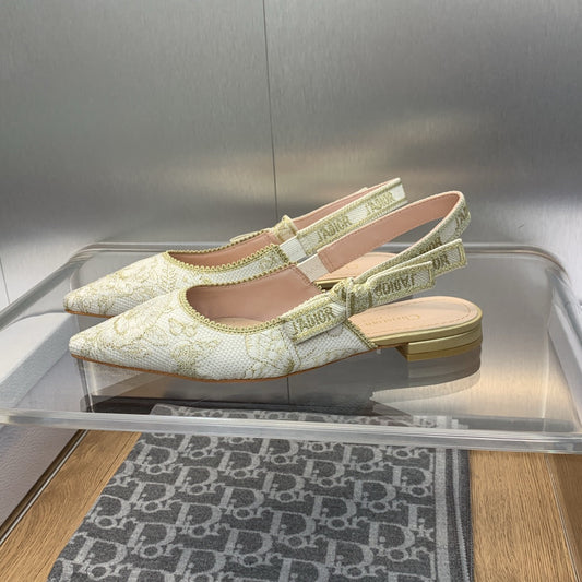 DIOR JA DIOR Slingback Flat White and Gold-Tone Toile de Jouy Mexico Embroidered Cotton with Metallic Thread