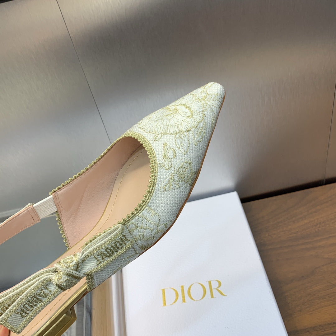 DIOR JA DIOR Slingback Flat White and Gold-Tone Toile de Jouy Mexico Embroidered Cotton with Metallic Thread