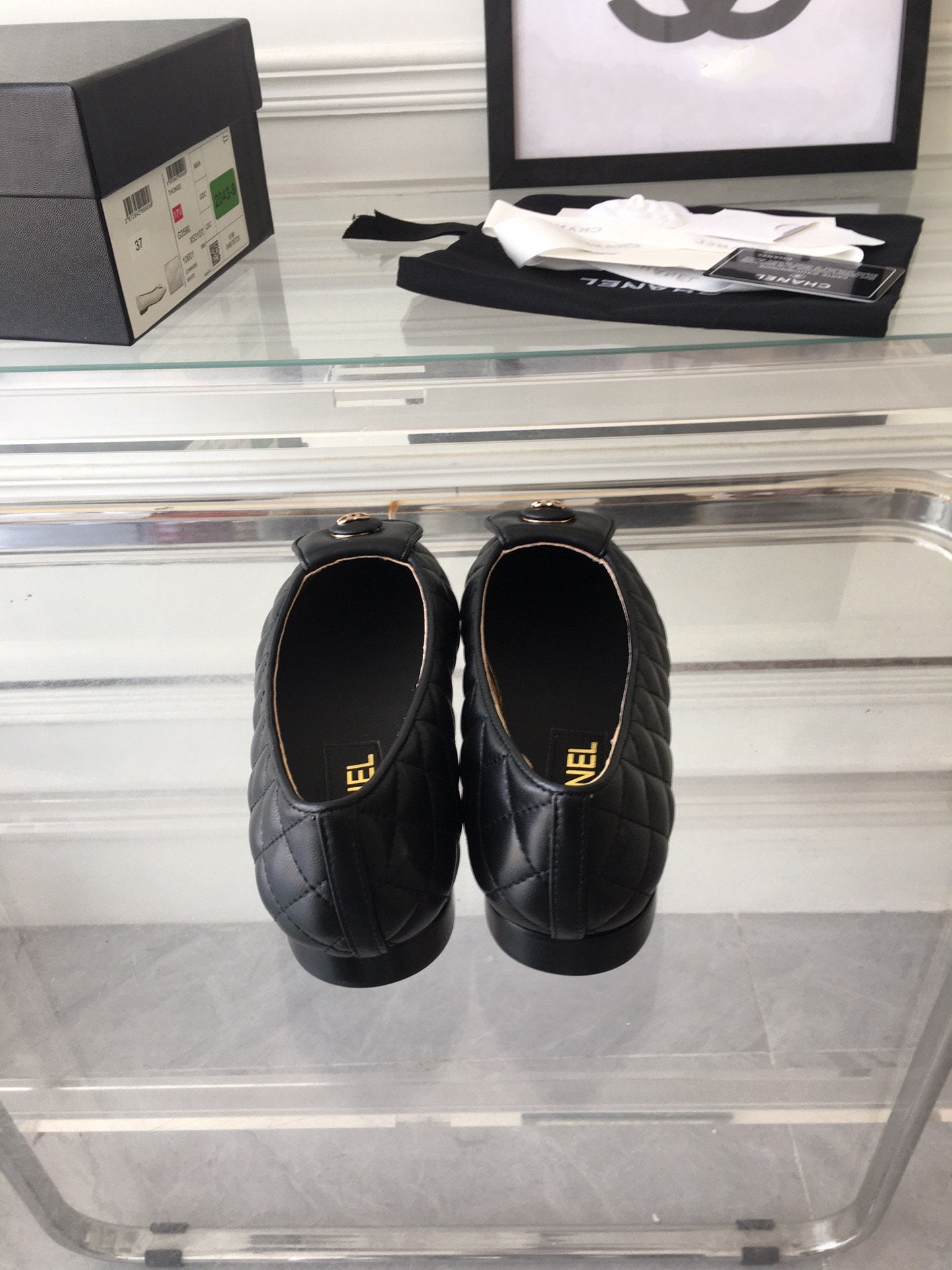 CHANEL ballet flat black quilted gold lock