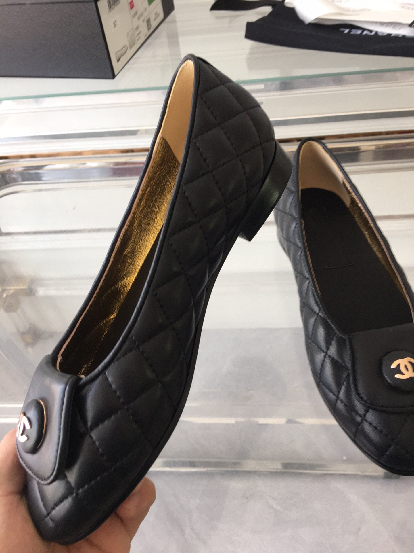 CHANEL ballet flat black quilted gold lock