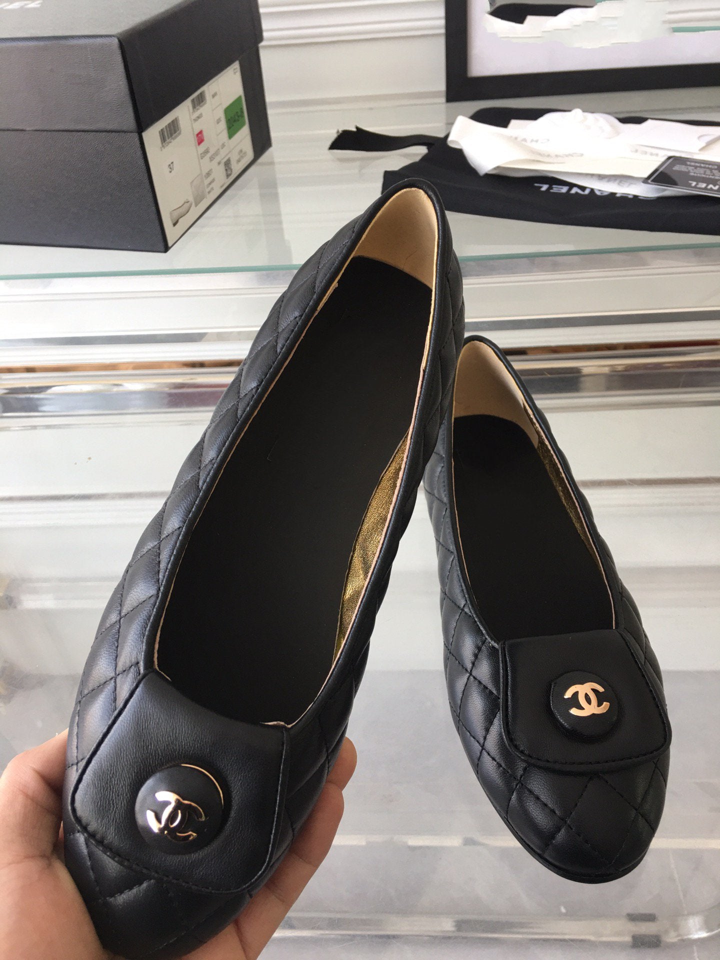 CHANEL ballet flat black quilted gold lock