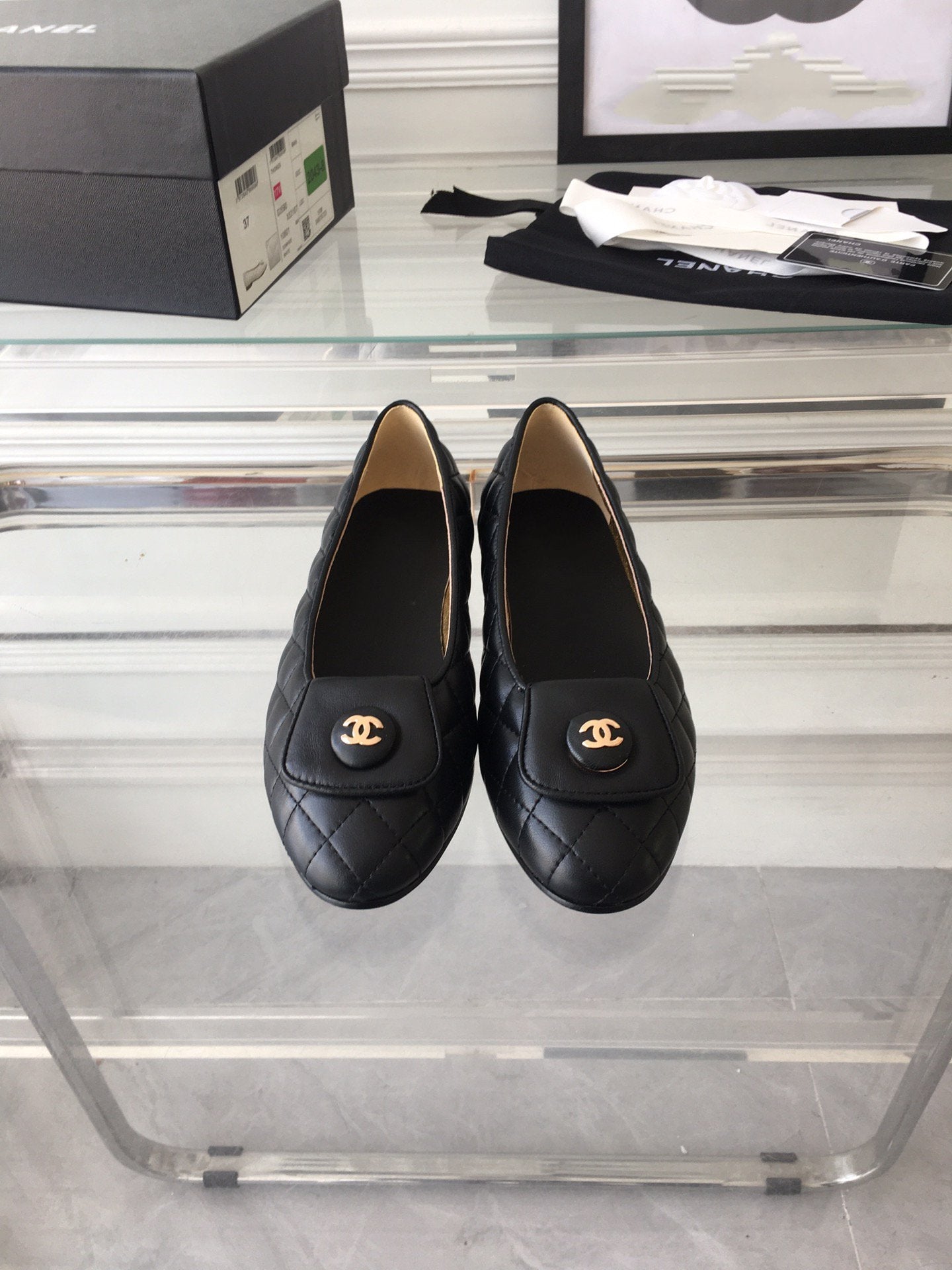 CHANEL ballet flat black quilted gold lock