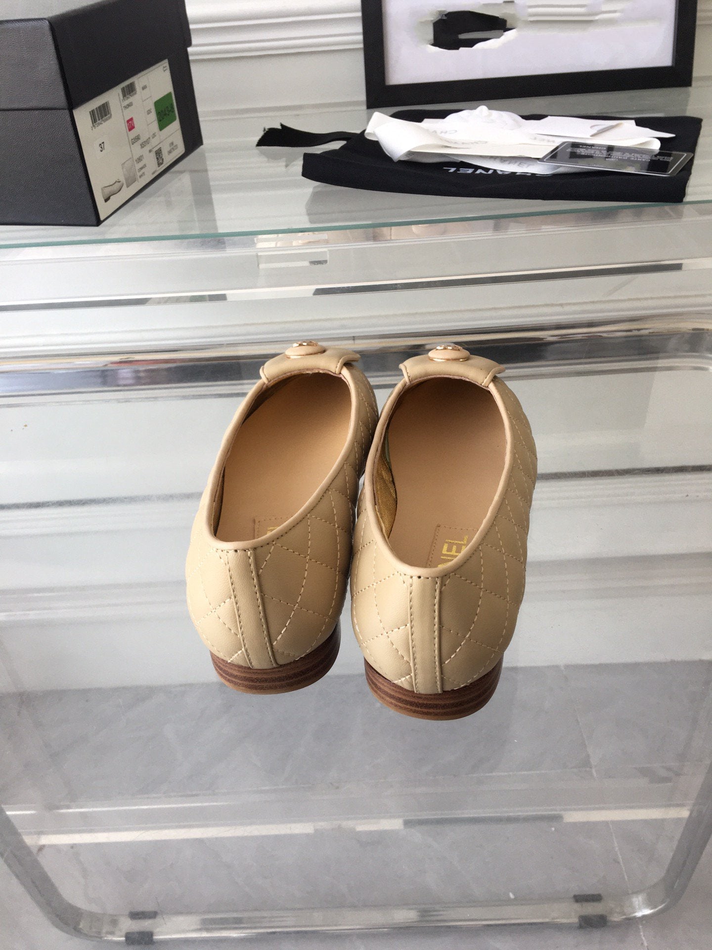 CHANEL ballet flat quilted beige gold lock