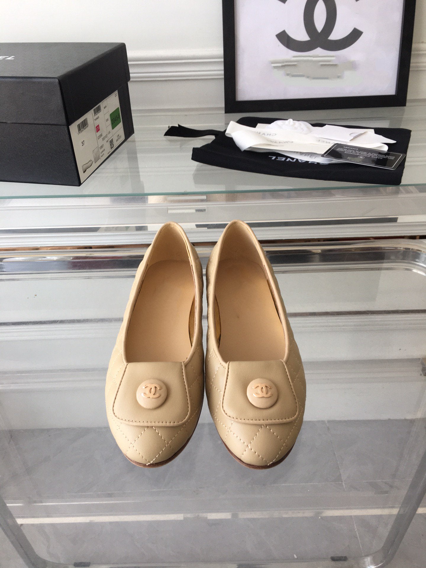 CHANEL ballet flat quilted beige gold lock