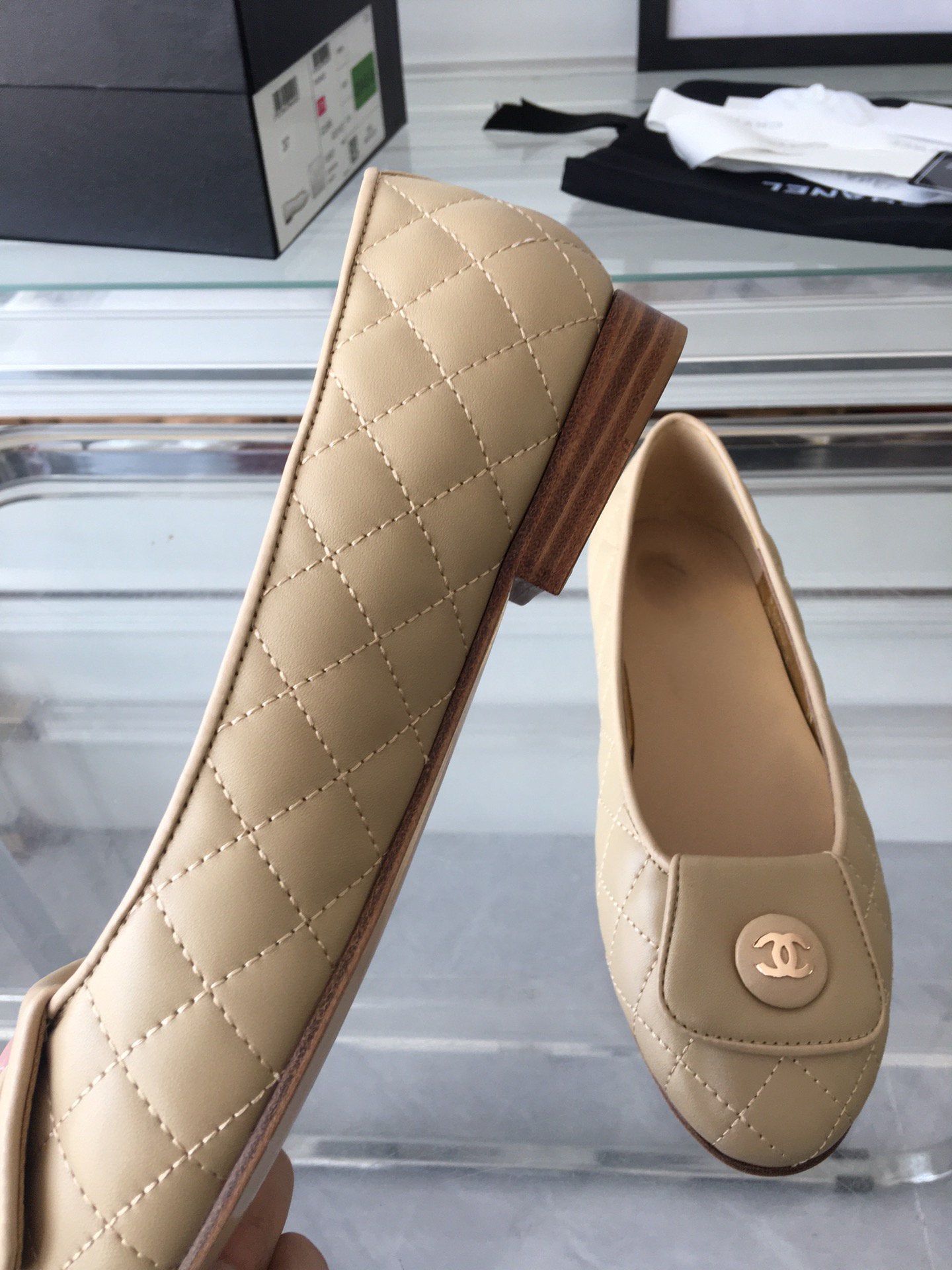 CHANEL ballet flat quilted beige gold lock