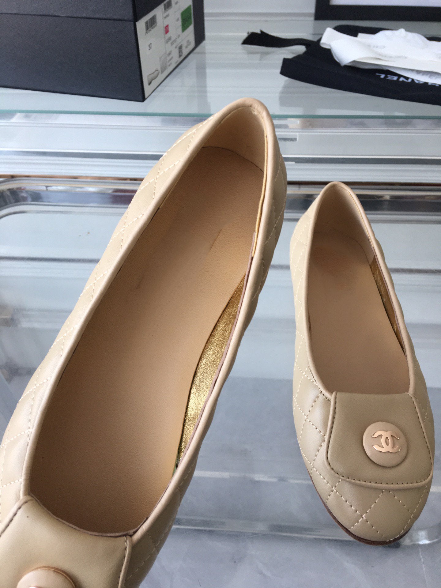 CHANEL ballet flat quilted beige gold lock