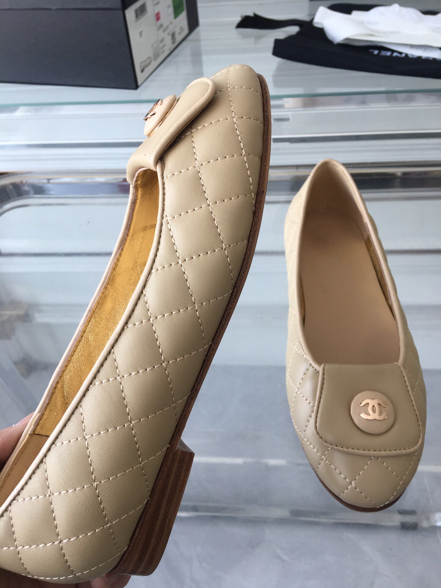 CHANEL ballet flat quilted beige gold lock