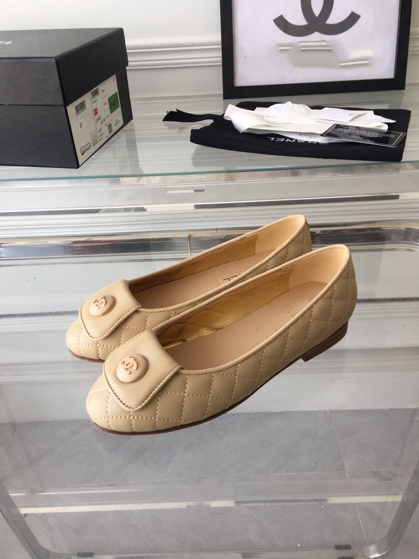 CHANEL ballet flat quilted beige gold lock