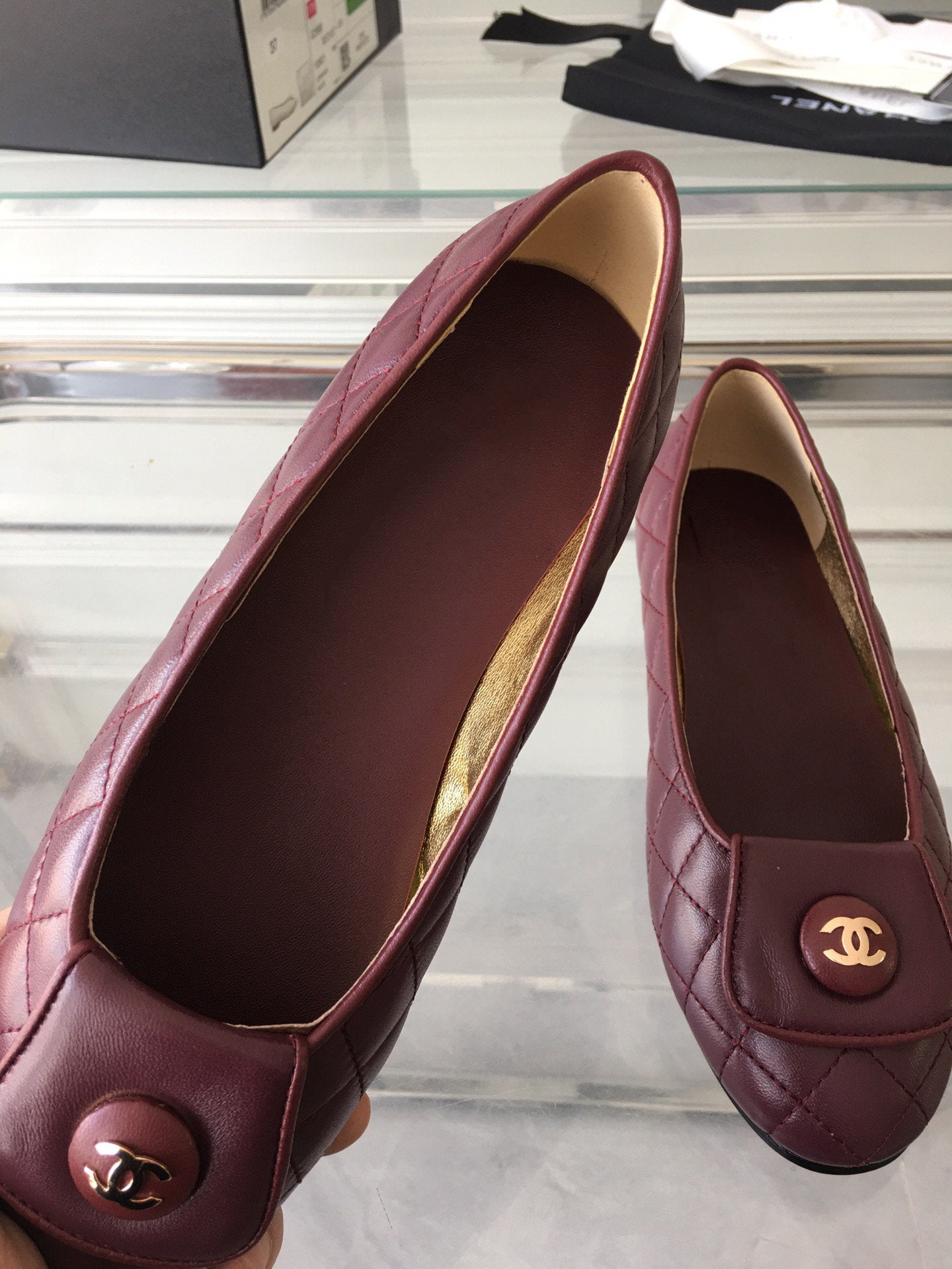 CHANEL ballet flat quilted wine gold lock