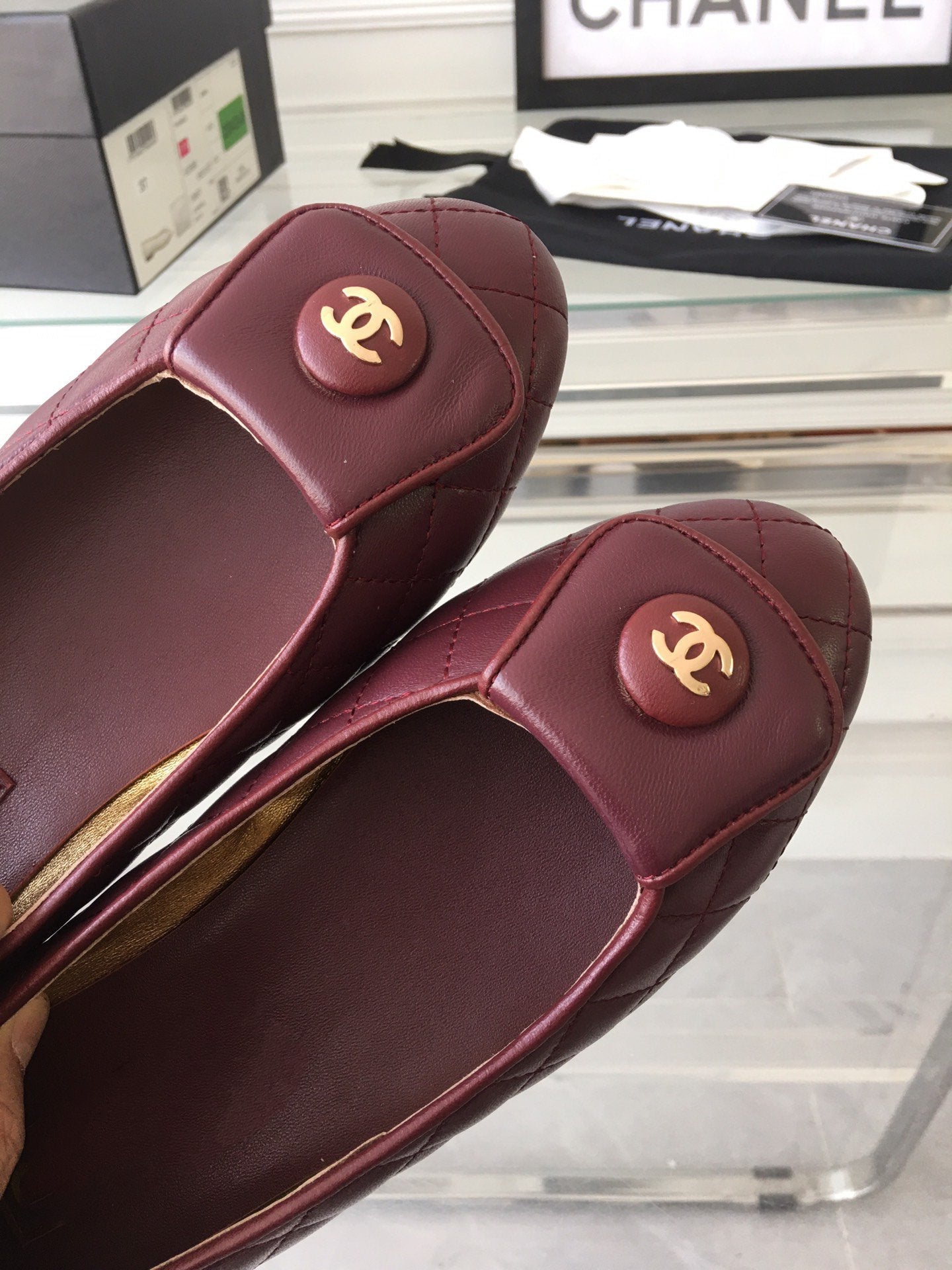 CHANEL ballet flat quilted wine gold lock