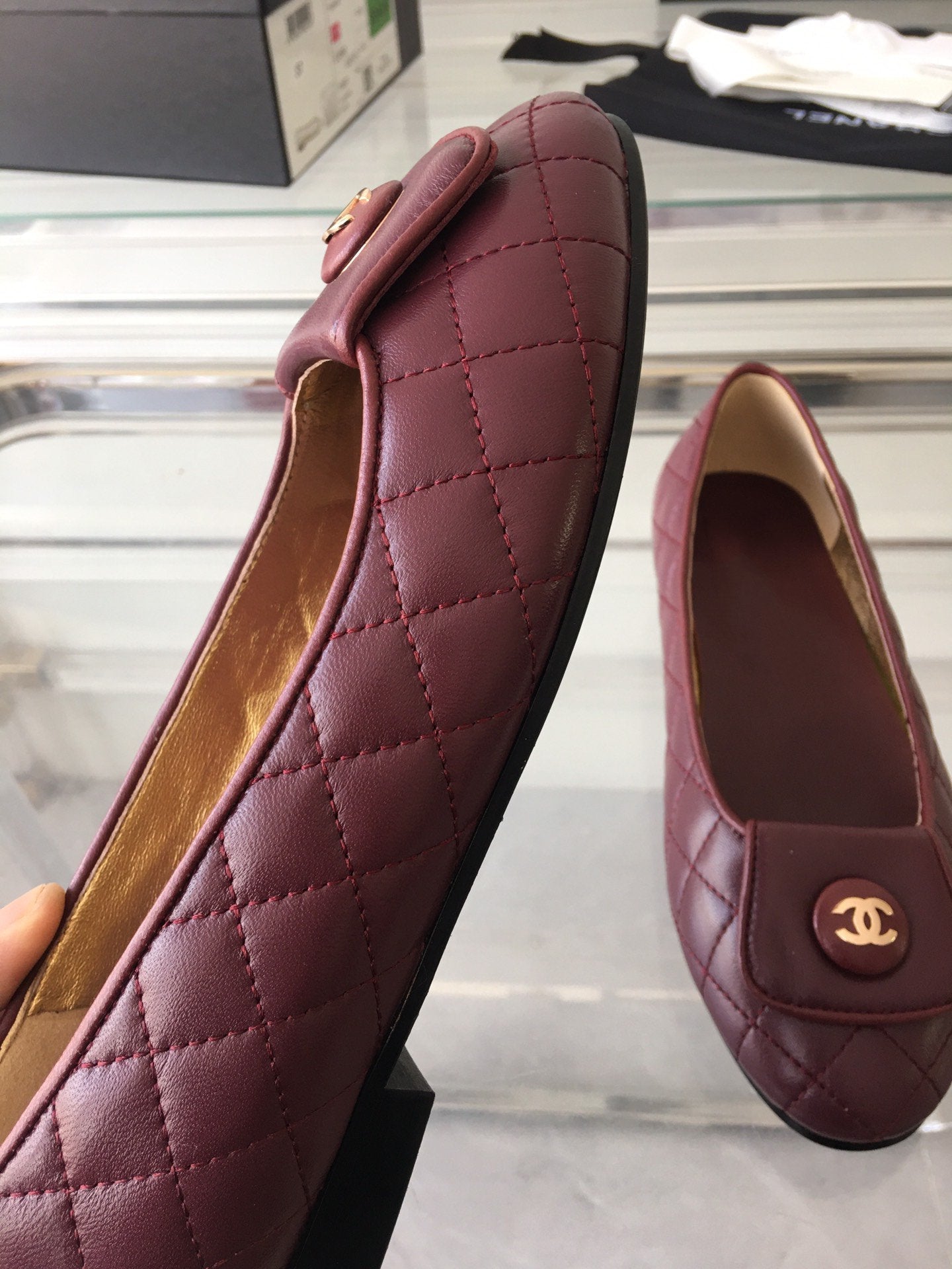 CHANEL ballet flat quilted wine gold lock