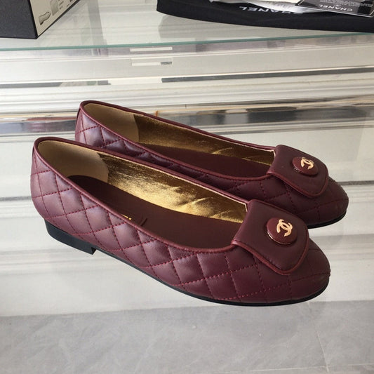 CHANEL ballet flat quilted wine gold lock