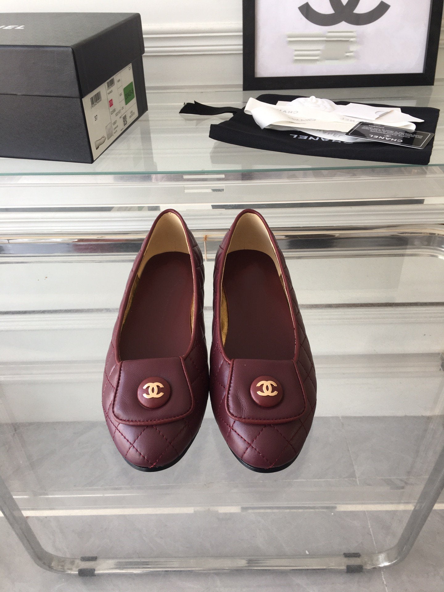 CHANEL ballet flat quilted wine gold lock