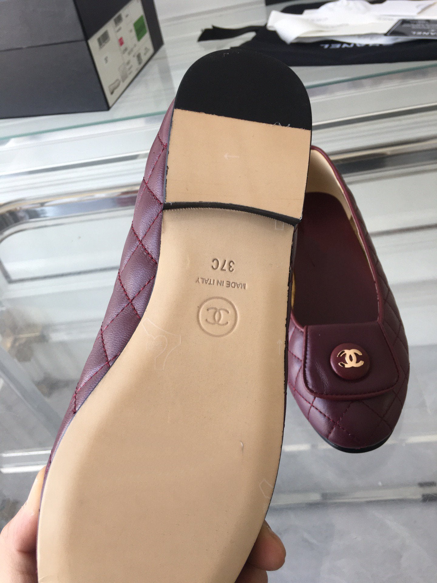CHANEL ballet flat quilted wine gold lock