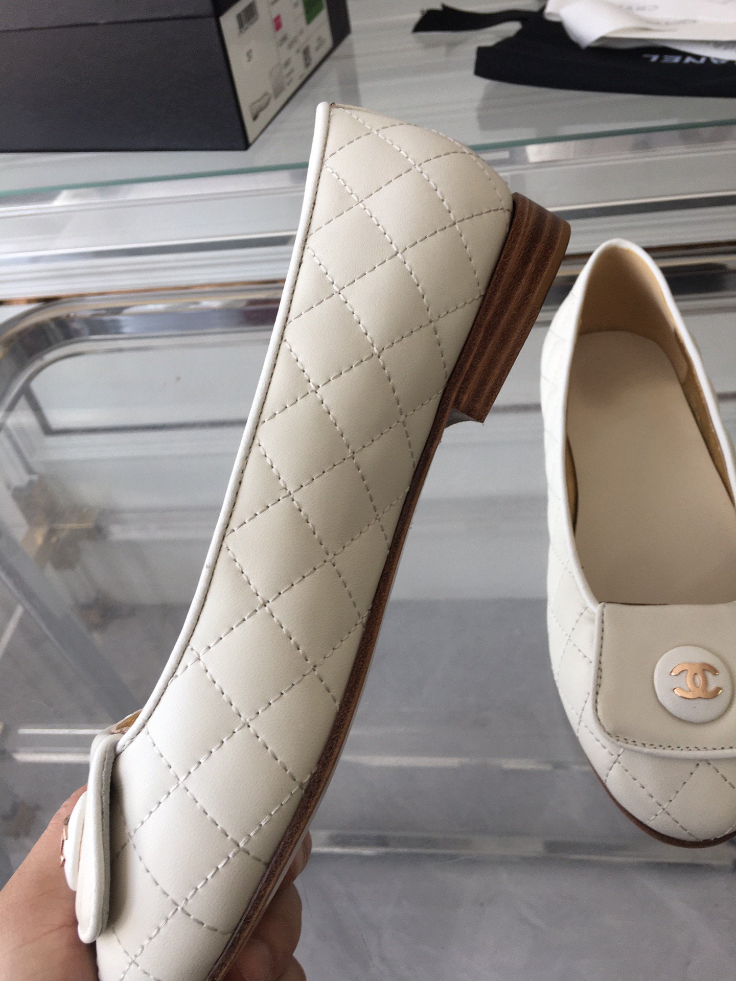 CHANEL ballet flat quilted white gold lock