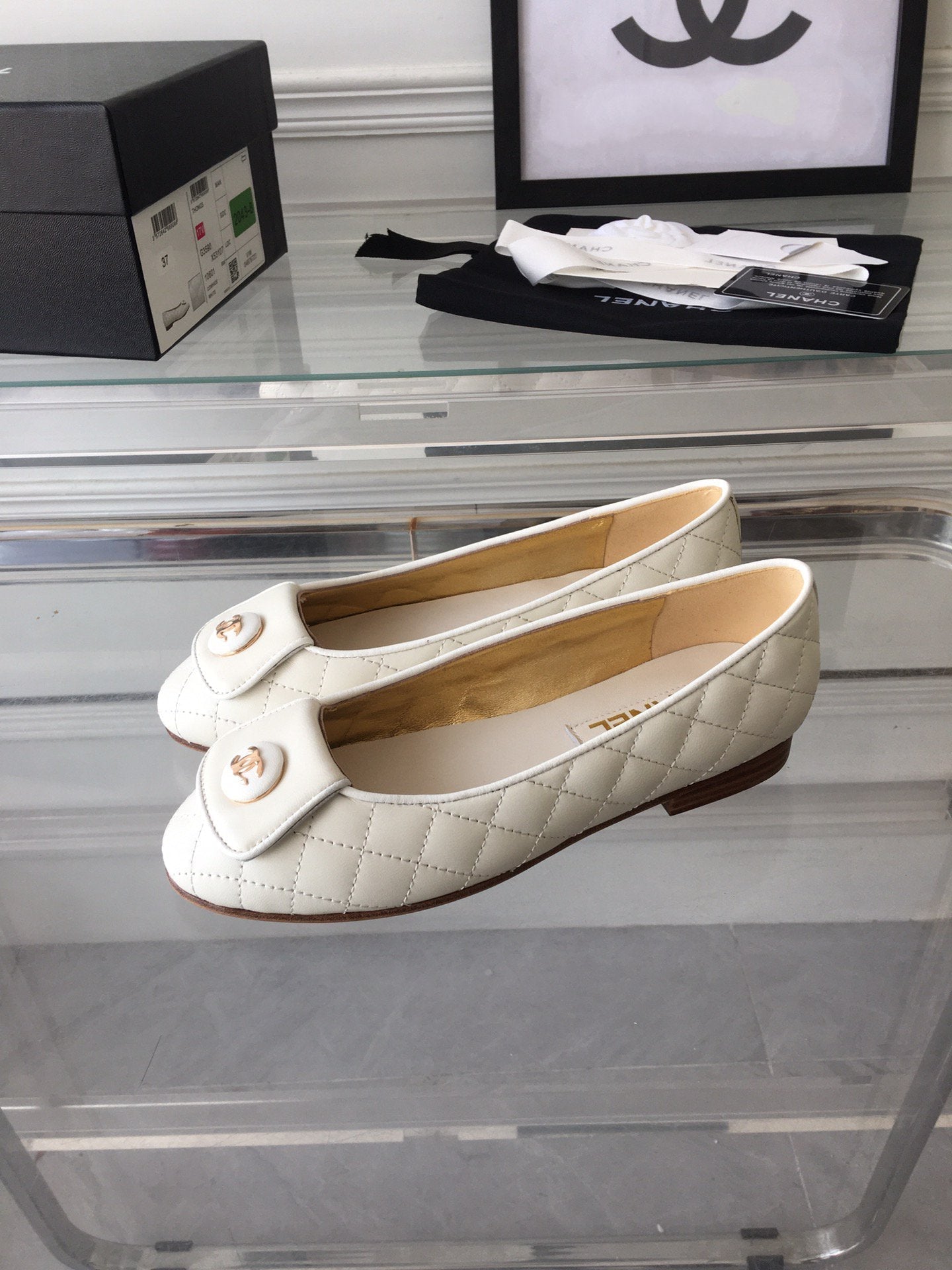 CHANEL ballet flat quilted white gold lock