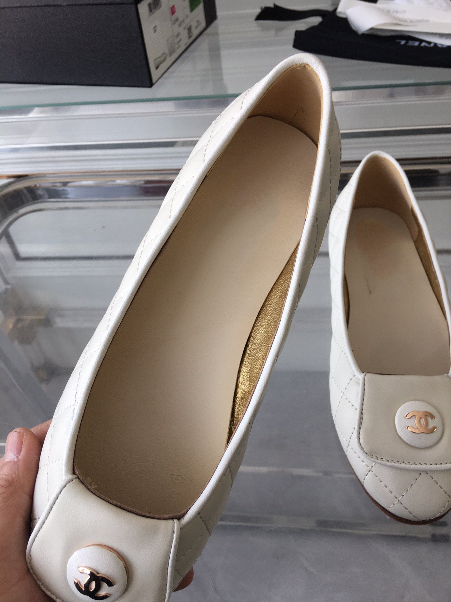 CHANEL ballet flat quilted white gold lock