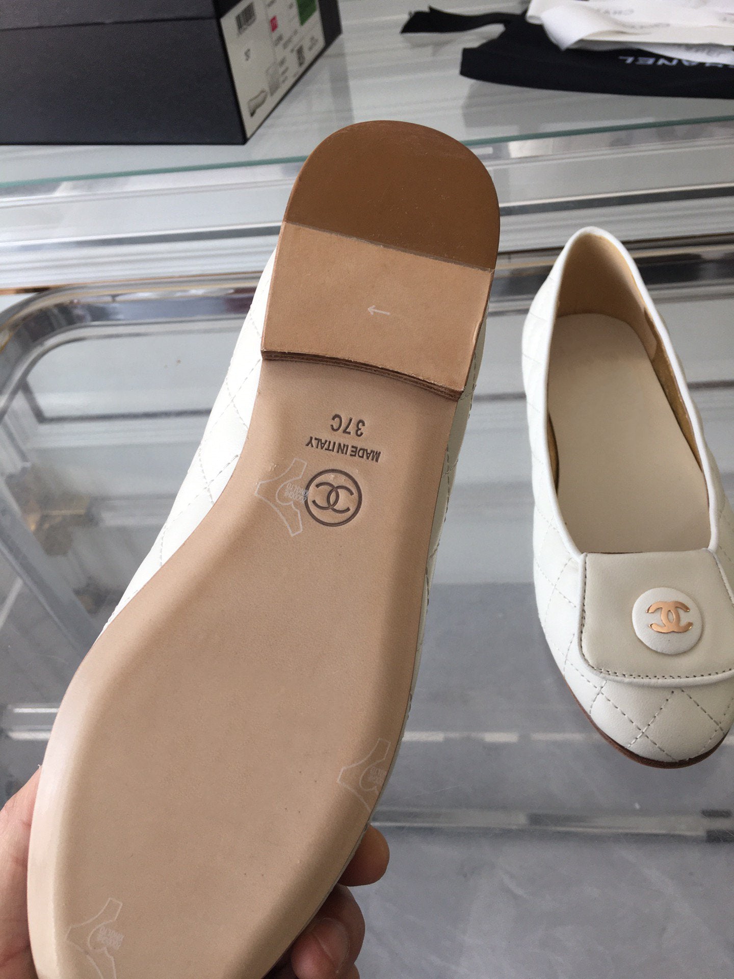 CHANEL ballet flat quilted white gold lock